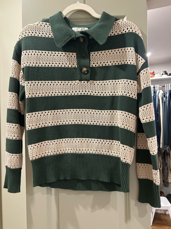 Heartloom Sweaters - Heartloom Green and Cream Striped Polo Knit Sweater